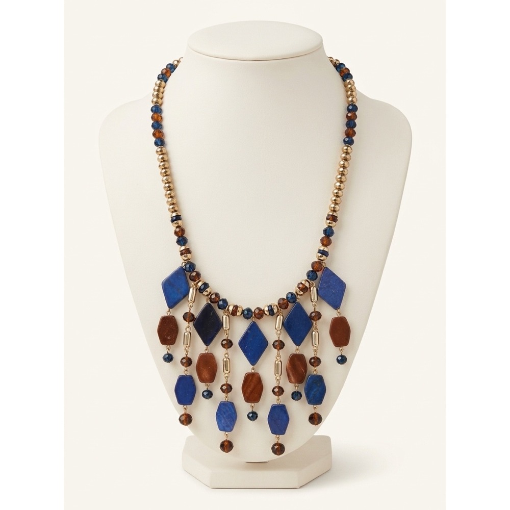 Vintage Retro Blue Brown Beaded Fringe Bib Necklace Boho Whimsigoth Statement